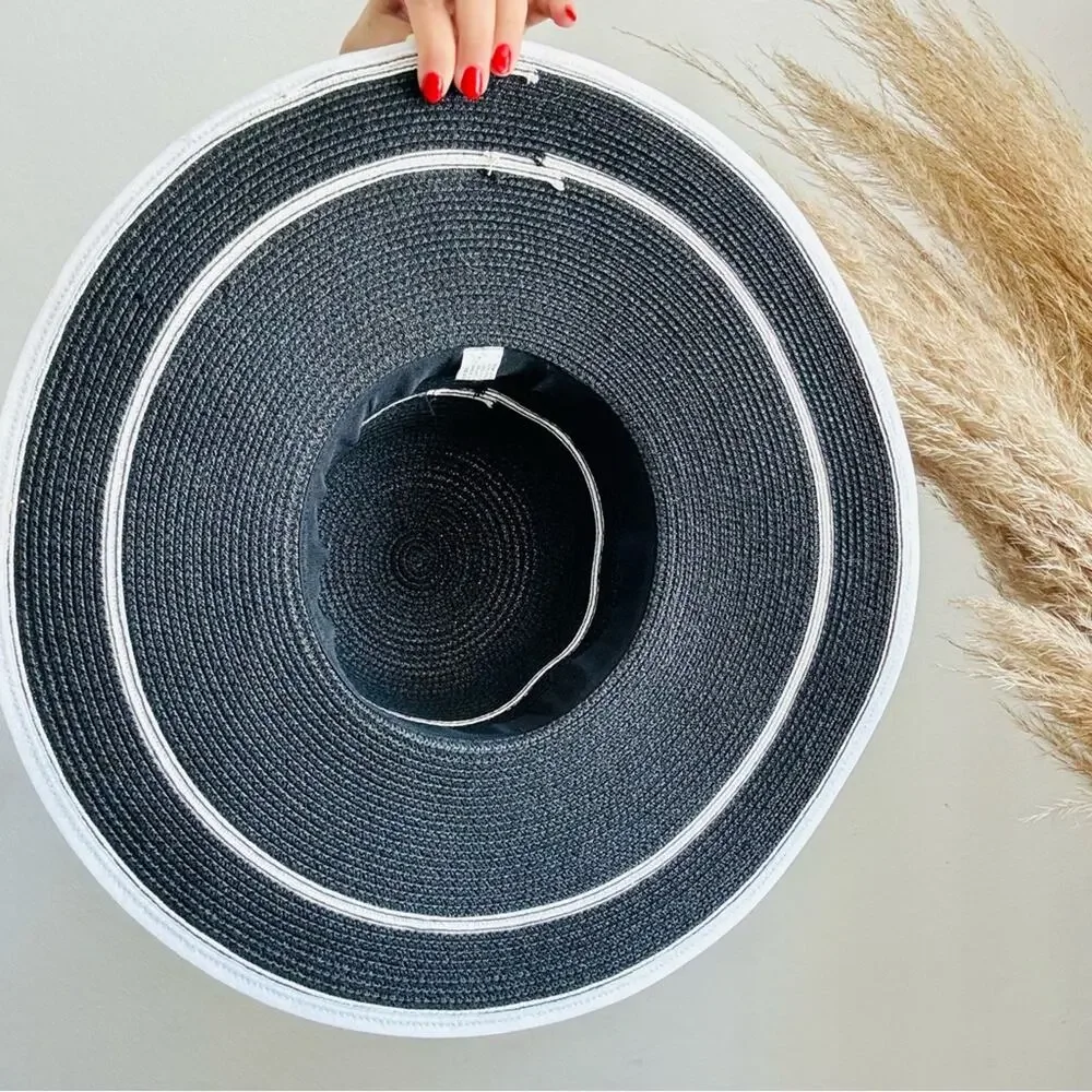 VINTAGE NORDSTROM Cream Tan Straw Wide Brim Floppy Black Stripe Wide Sun Hat - Picture 9 of 10